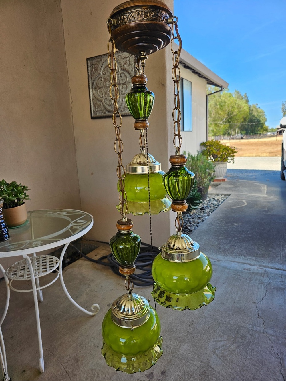 Vintage Green Glass 3 Light Swag Lamp 1970s Hanging Pendant MCM